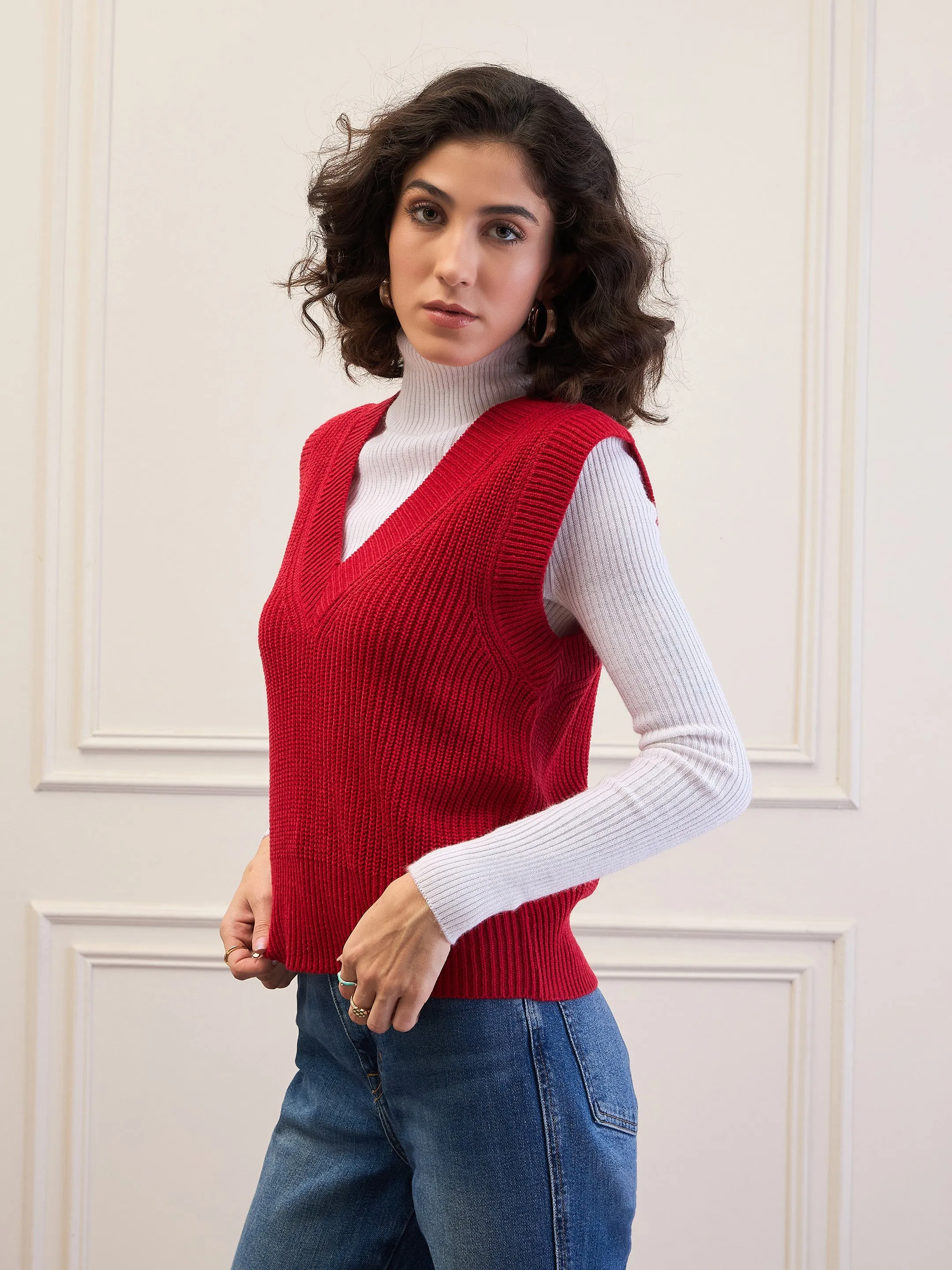 Women Red Solid V-Neck Sweater Vest