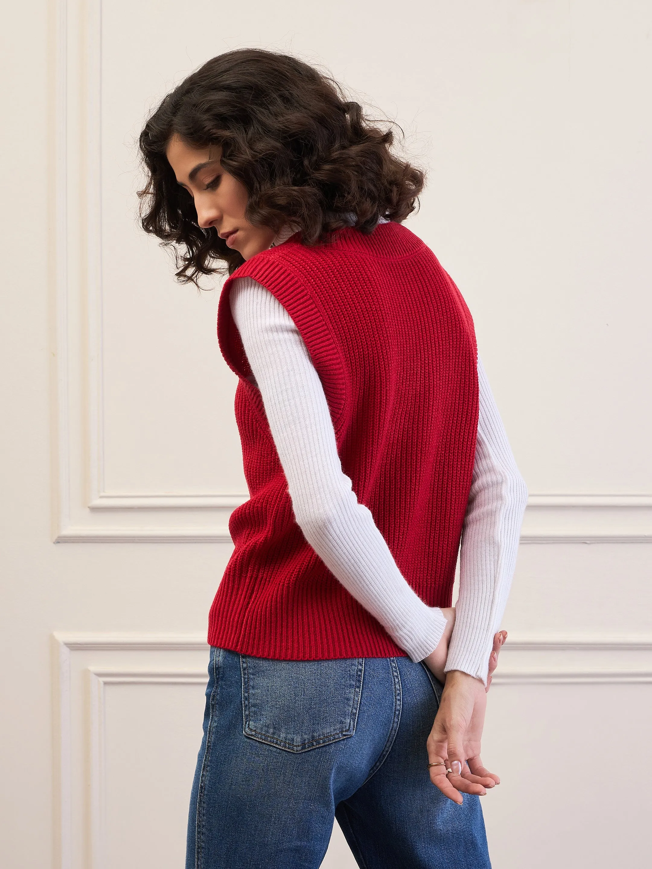 Women Red Solid V-Neck Sweater Vest