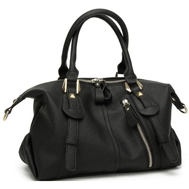 Women Tote Faux-Leather Boston Shoulder Bag with Buckle Design - Leather Skin Shop