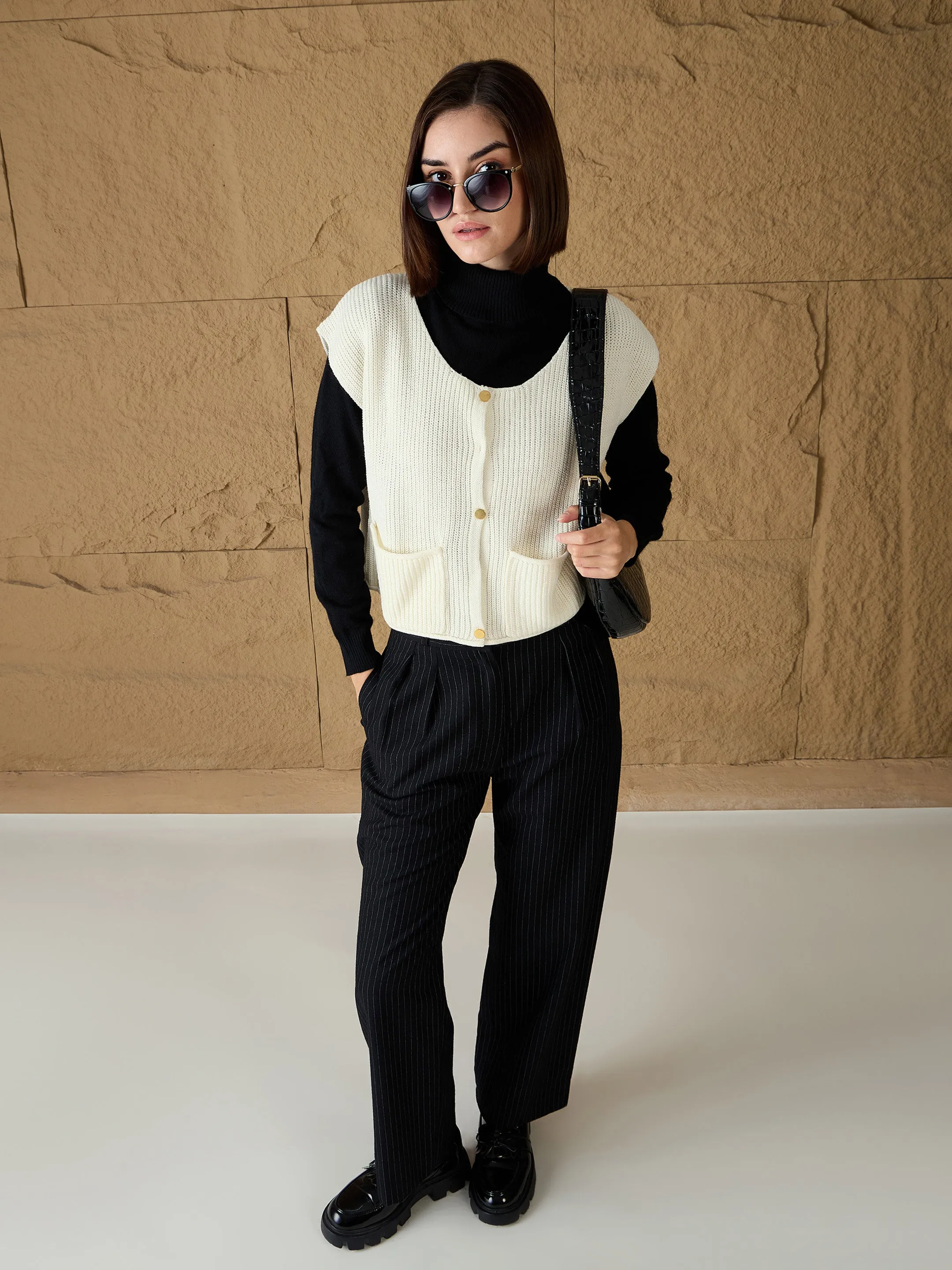 Women White Front Button Extended Sleeves Pocket Sweater