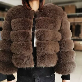 Women's Brown Winter Fur Jacket with Natural Fox and Raccoon Fur - High Street Luxury