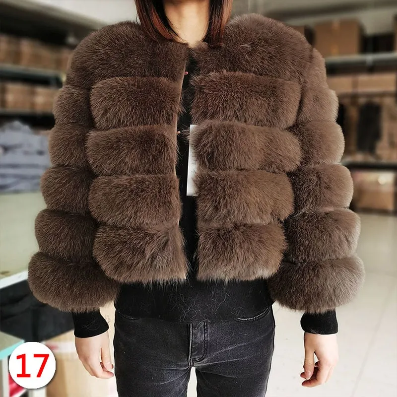 Women's Brown Winter Fur Jacket with Natural Fox and Raccoon Fur - High Street Luxury